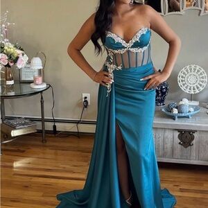 Teal Strapless Prom Dress with Embellishments